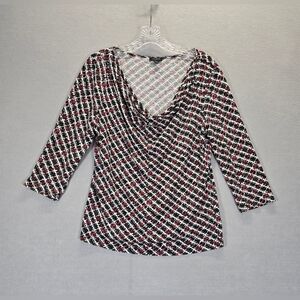 TALBOTS Drape Neck 3/4 Sleeve Geometric Print Top Shirt Size S  Red Black White